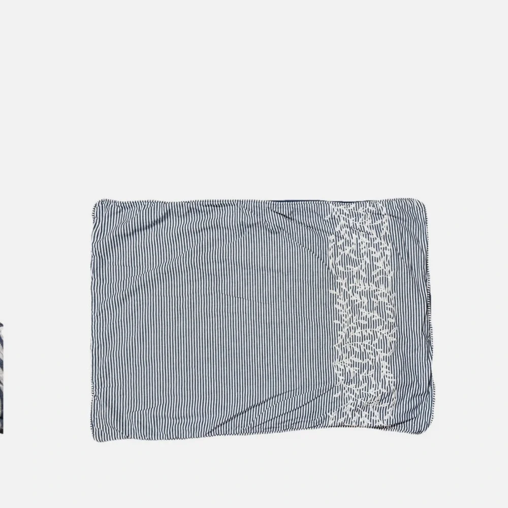 One Kings Lane Pair of Pillowcases Shams Blue Cream Stripe Cotton Embroidered